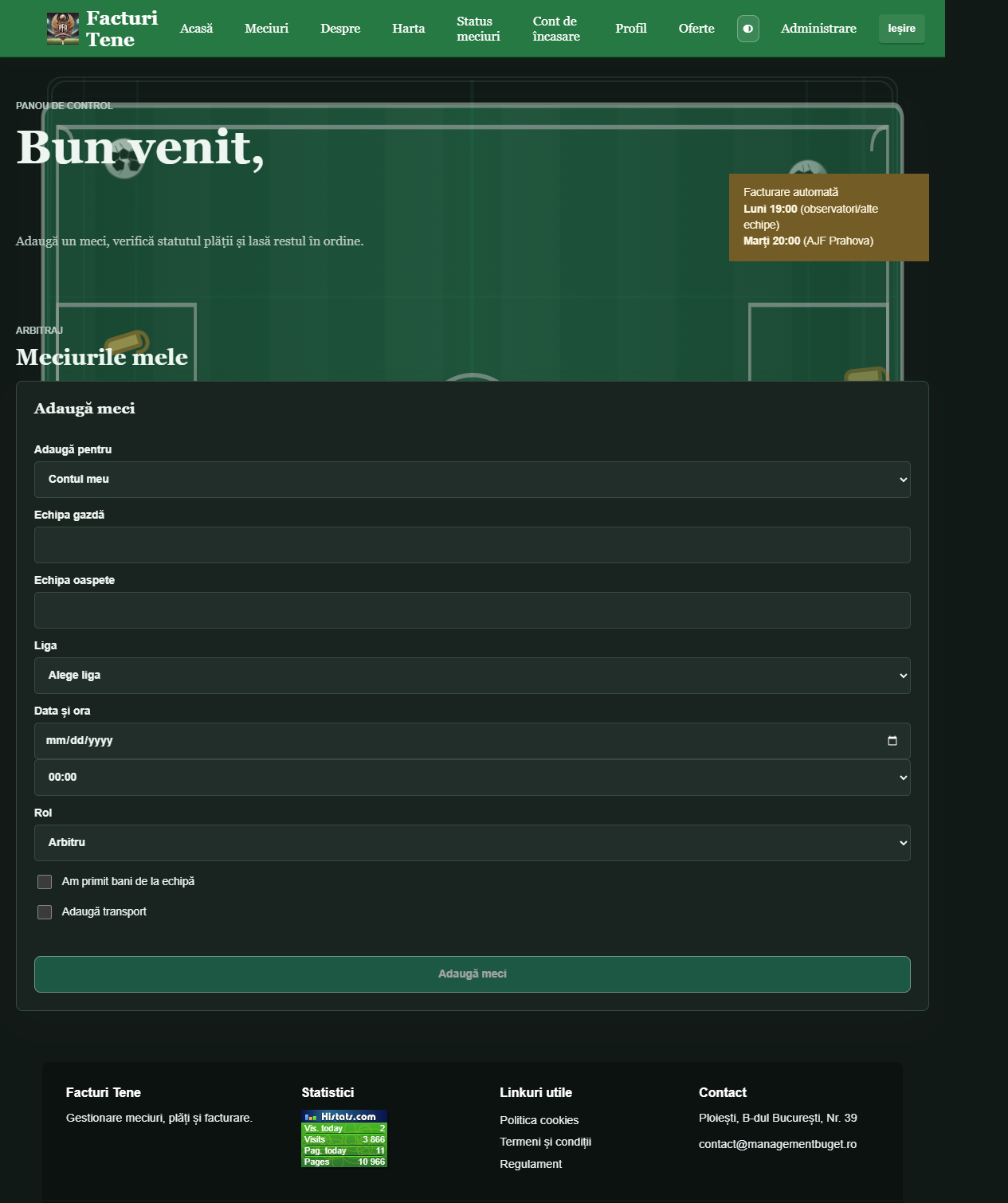Pagina Meciuri, cu formularul de adăugare a unui meci
